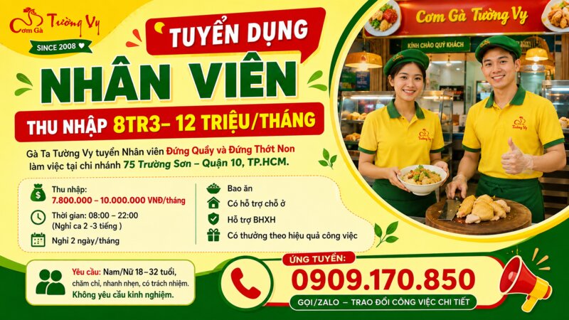 Việc Làm Bao Ăn Ở Quận 10 — 75 Trường Sơn Q10 | Gà Ta Tường Vy Tuyển Dụng 7tr8–10tr