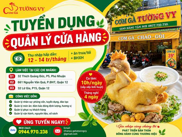 Cơ hội thăng tiến Quản Lý Khu Vực F&B - Cơm Gà Tường Vy