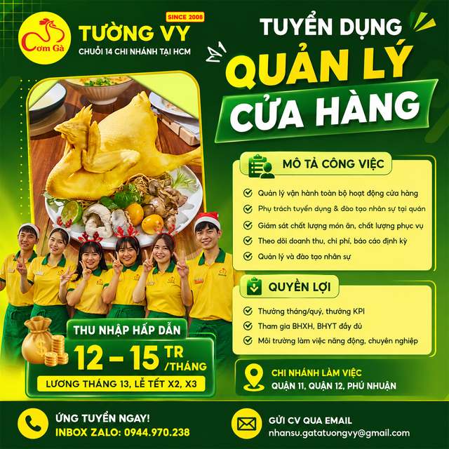 Tuyển Quản Lý Cửa Hàng Cơm Gà Tường Vy 2026 — Thu nhập 12-15tr