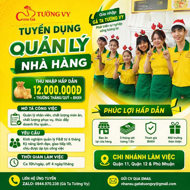 Tuyển Quản Lý Nhà Hàng F&B TPHCM Cơm Gà Tường Vy
